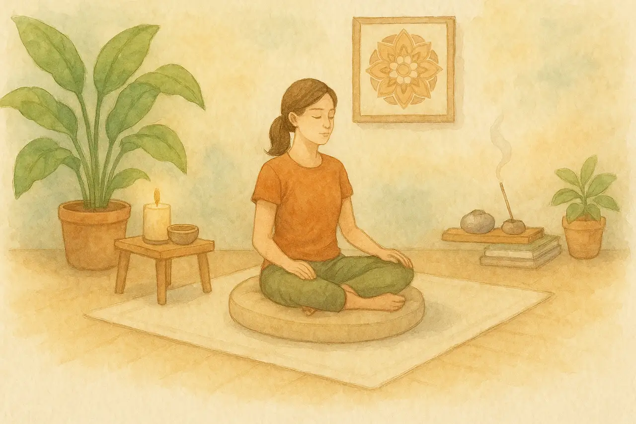 Rincón de meditación sereno en casa con cojín, plantas y luz natural