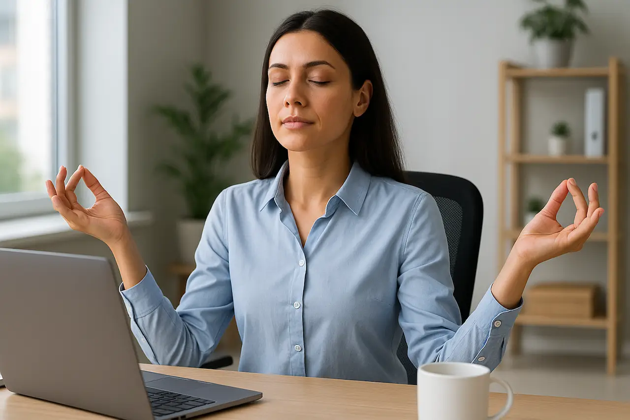 Persona meditando en su escritorio de oficina en un ambiente tranquilo y profesional