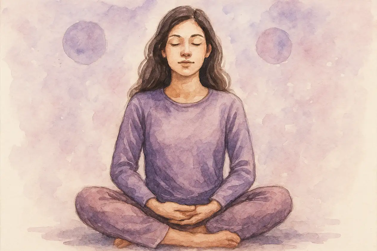 Persona meditando en posición de loto en un ambiente sereno