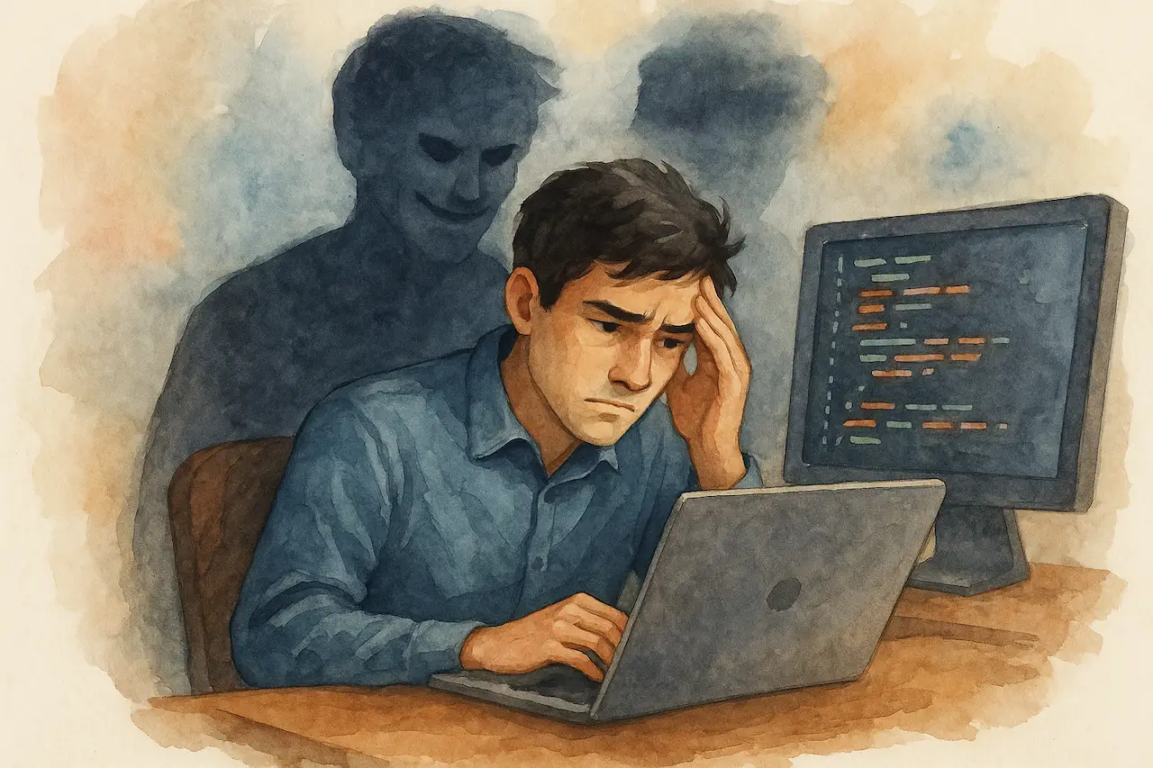 Desarrollador reflexionando sobre sus habilidades frente a una pantalla de código